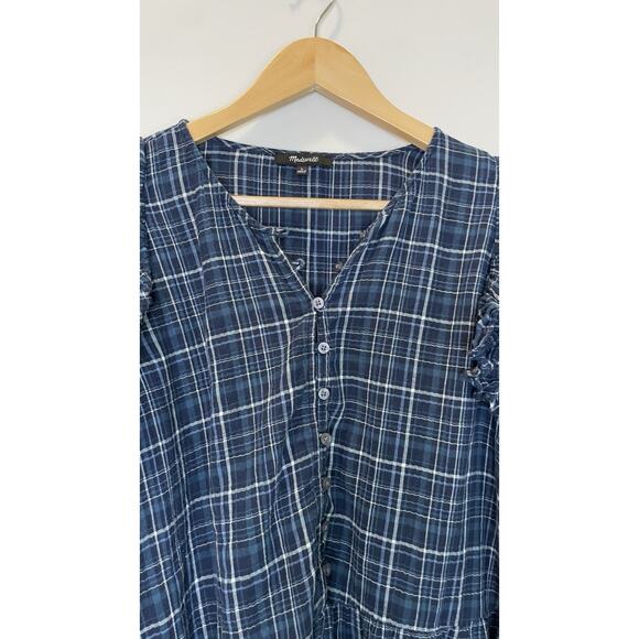 Madewell L Ruffle Trimmed Midi Dress Womens Peasant Blue Plaid Gauze Boho - Picture 6 of 10